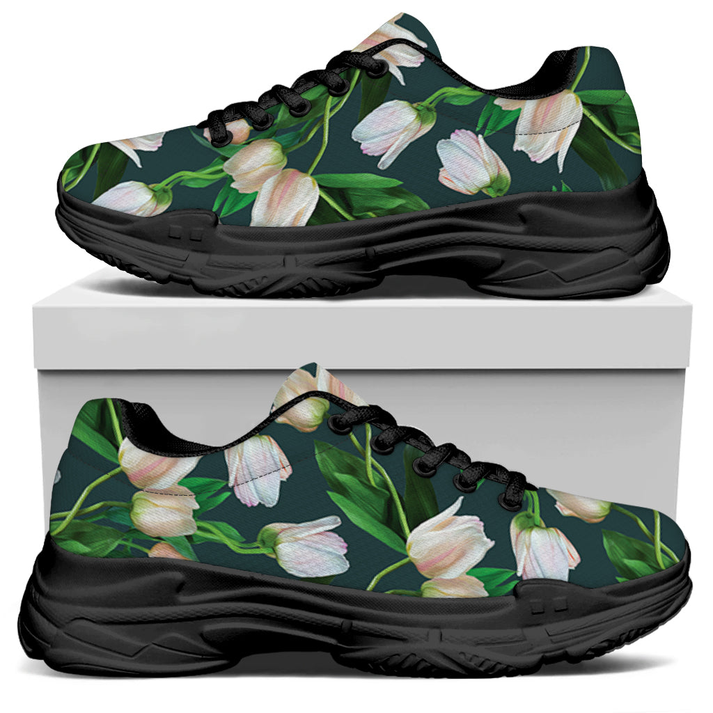 White Tulip Pattern Print Black Chunky Shoes