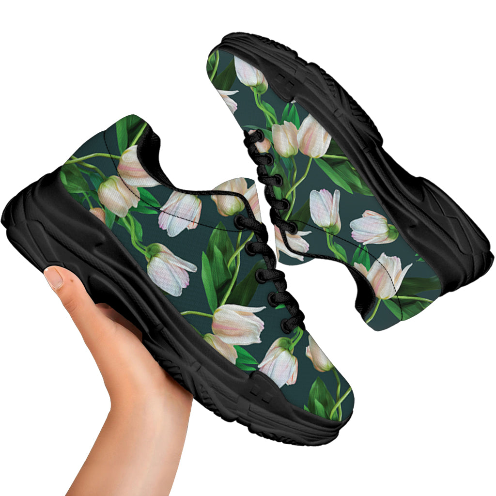 White Tulip Pattern Print Black Chunky Shoes