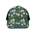 White Tulip Pattern Print Black Mesh Trucker Hat