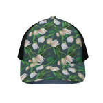 White Tulip Pattern Print Black Mesh Trucker Cap