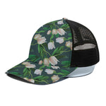 White Tulip Pattern Print Black Mesh Trucker Cap