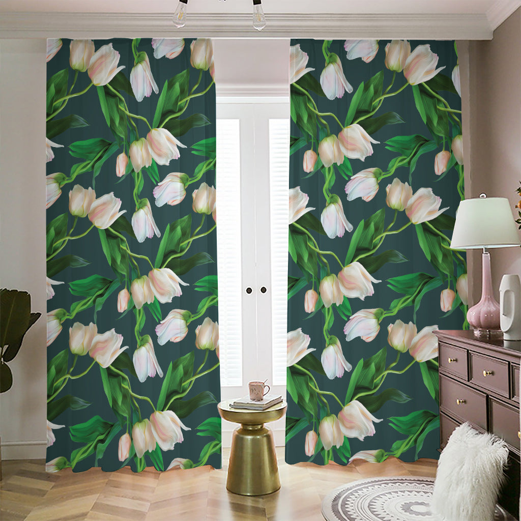 White Tulip Pattern Print Blackout Pencil Pleat Curtains