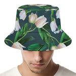 White Tulip Pattern Print Bucket Hat