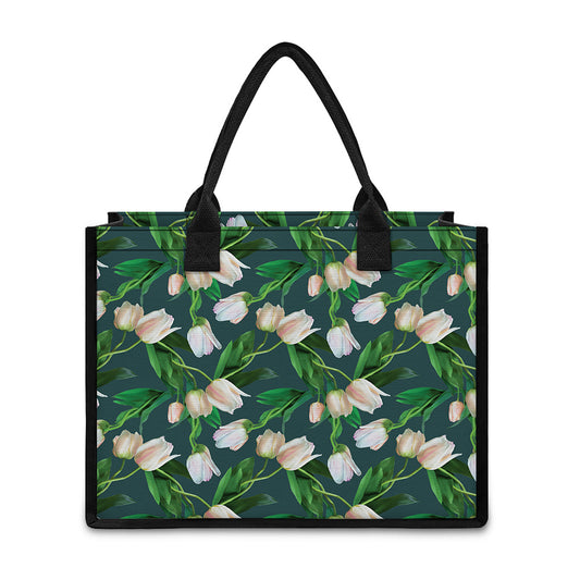 White Tulip Pattern Print Canvas Tote Bag