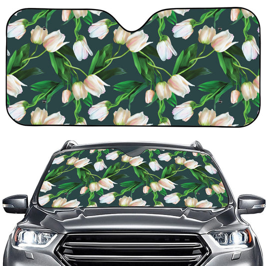 White Tulip Pattern Print Car Windshield Sun Shade
