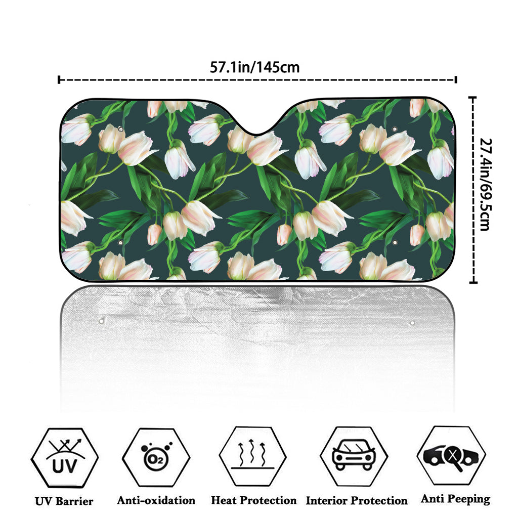 White Tulip Pattern Print Car Windshield Sun Shade