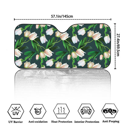 White Tulip Pattern Print Car Windshield Sun Shade