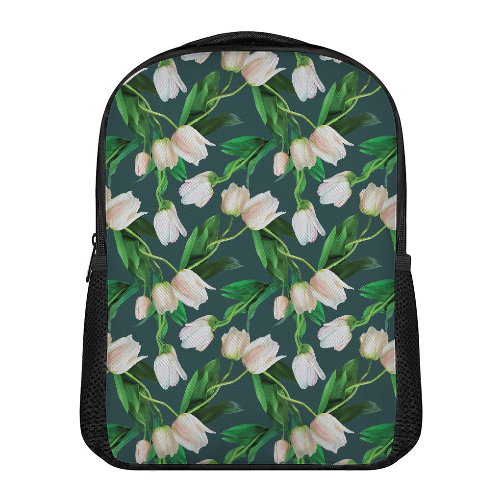 White Tulip Pattern Print Casual Backpack