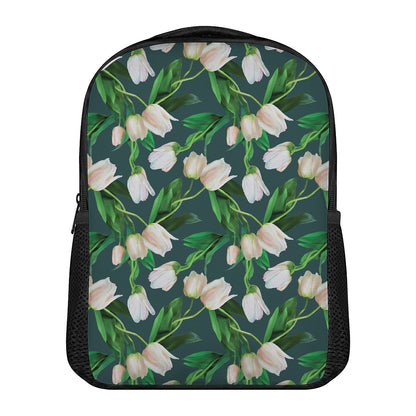 White Tulip Pattern Print Casual Backpack