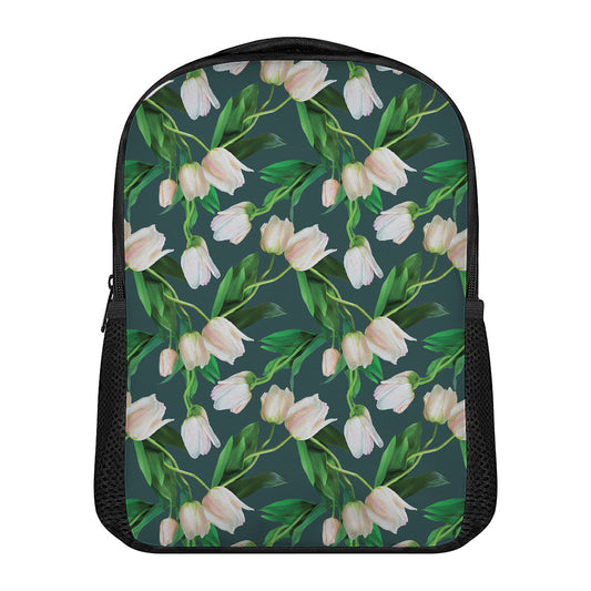 White Tulip Pattern Print Casual Backpack