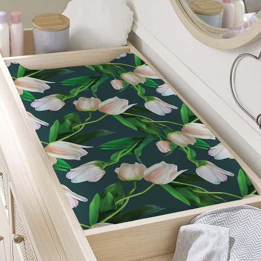 White Tulip Pattern Print Changing Pad Cover