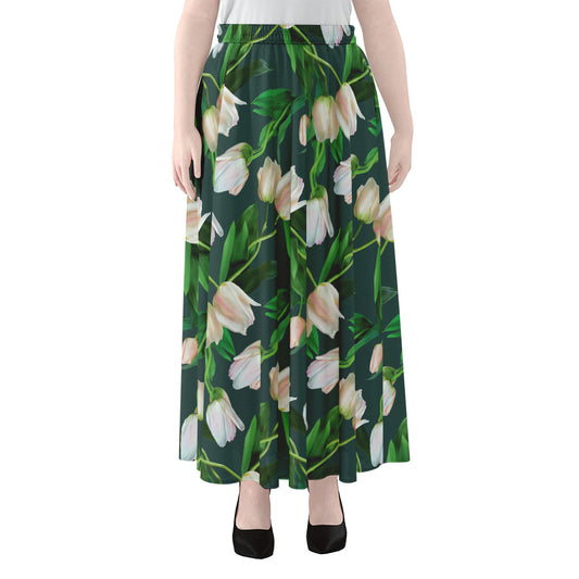 White Tulip Pattern Print Chiffon Maxi Skirt