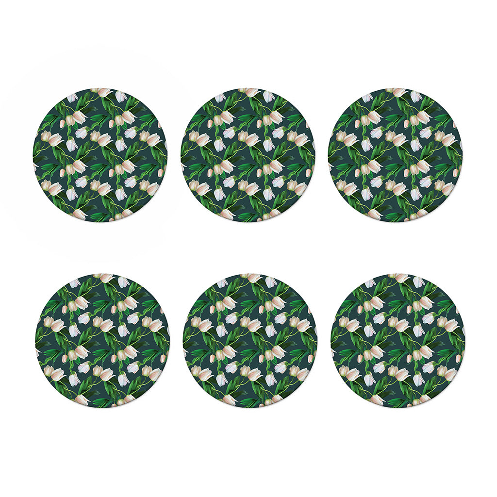 White Tulip Pattern Print Coaster Set