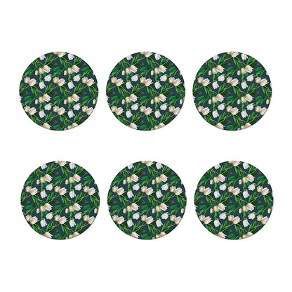 White Tulip Pattern Print Coaster Set