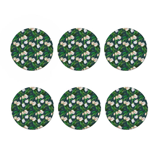 White Tulip Pattern Print Coaster Set