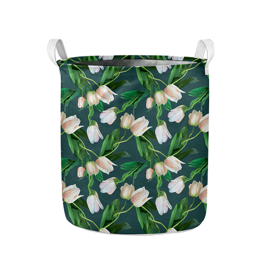 White Tulip Pattern Print Collapsible Laundry Basket