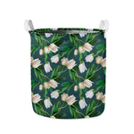 White Tulip Pattern Print Collapsible Laundry Basket