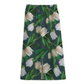 White Tulip Pattern Print Cotton Front Slit Maxi Skirt