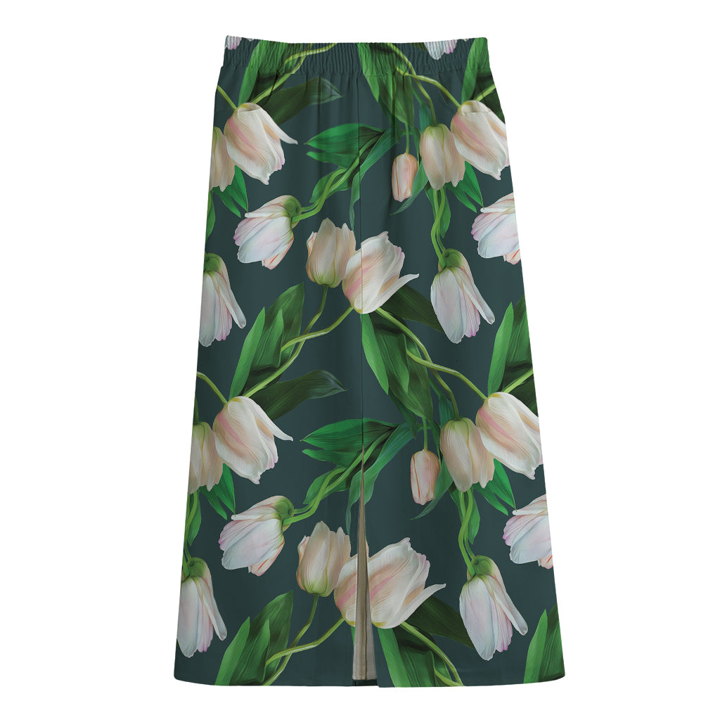White Tulip Pattern Print Cotton Front Slit Maxi Skirt