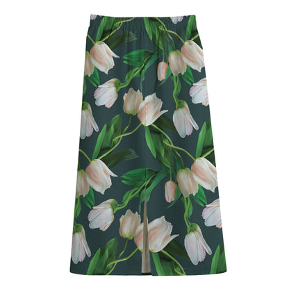 White Tulip Pattern Print Cotton Front Slit Maxi Skirt