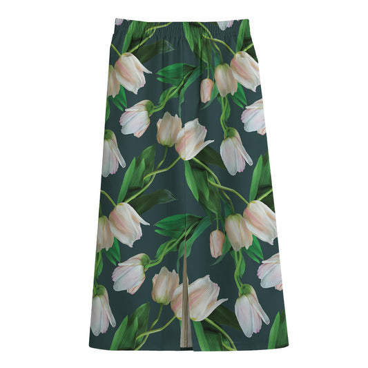 White Tulip Pattern Print Cotton Front Slit Maxi Skirt