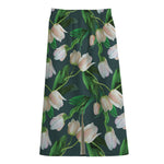 White Tulip Pattern Print Cotton Front Slit Maxi Skirt