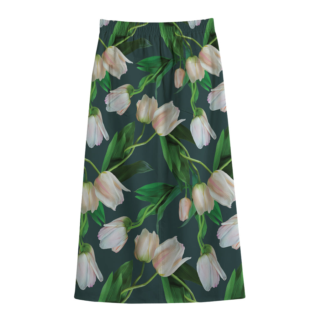 White Tulip Pattern Print Cotton Front Slit Maxi Skirt