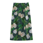 White Tulip Pattern Print Cotton Front Slit Maxi Skirt