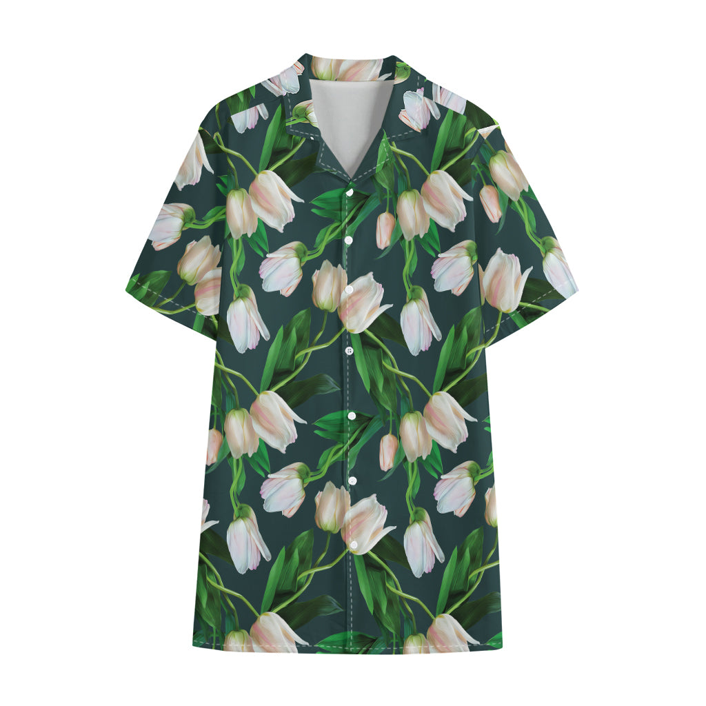 White Tulip Pattern Print Cotton Hawaiian Shirt