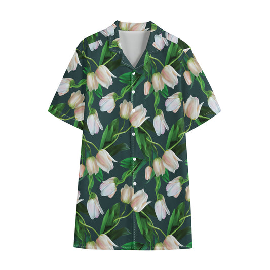 White Tulip Pattern Print Cotton Hawaiian Shirt