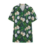 White Tulip Pattern Print Cotton Hawaiian Shirt