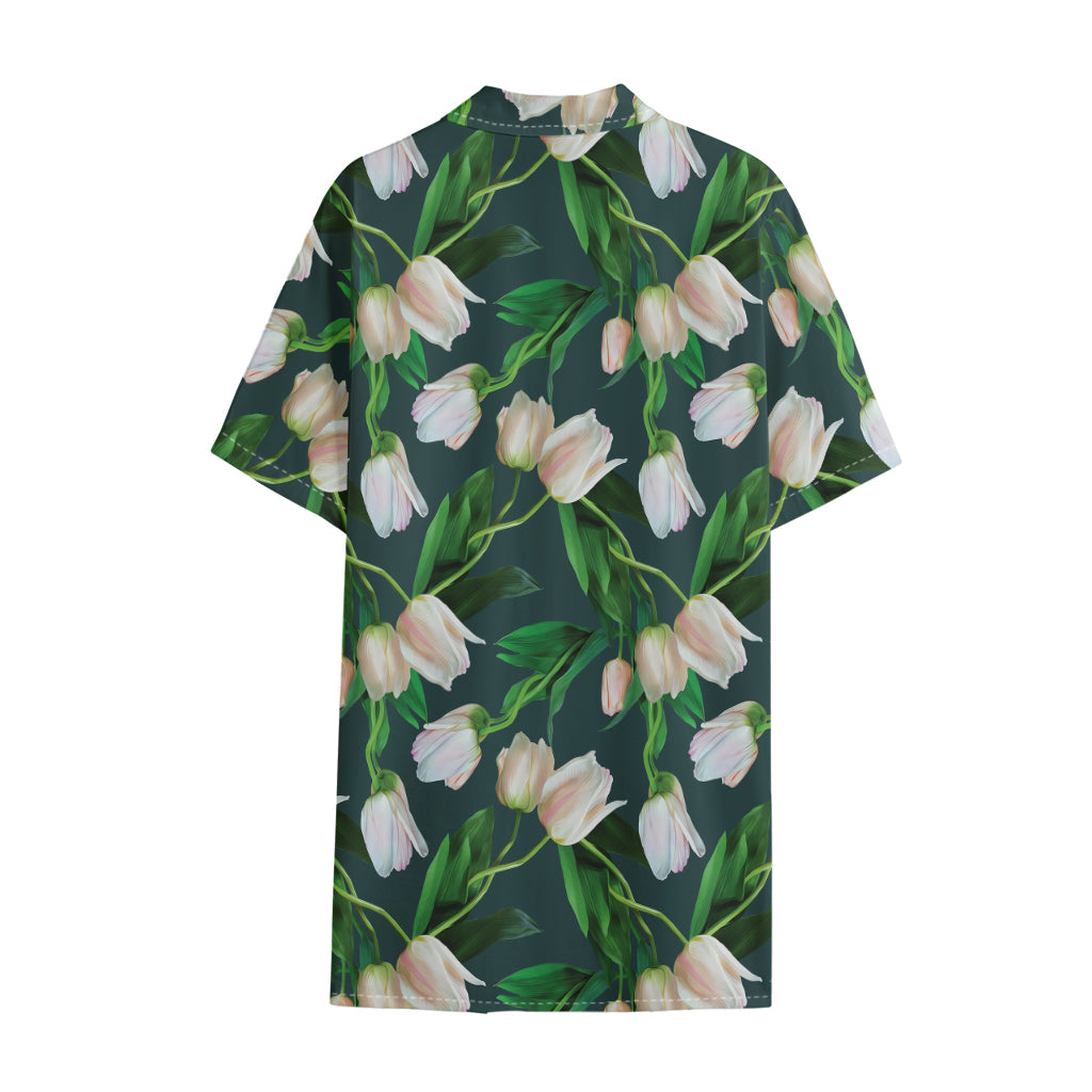 White Tulip Pattern Print Cotton Hawaiian Shirt