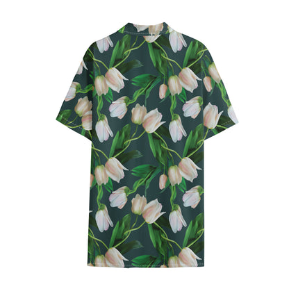 White Tulip Pattern Print Cotton Hawaiian Shirt