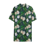 White Tulip Pattern Print Cotton Hawaiian Shirt
