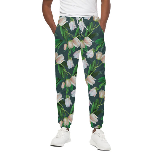White Tulip Pattern Print Cotton Pants