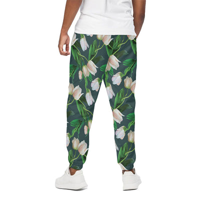 White Tulip Pattern Print Cotton Pants