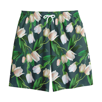 White Tulip Pattern Print Cotton Shorts