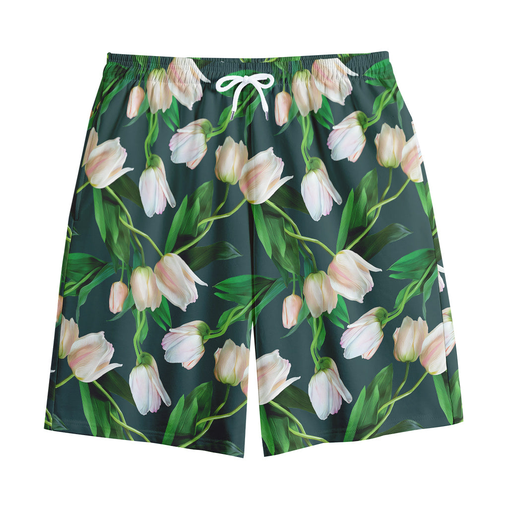 White Tulip Pattern Print Cotton Shorts
