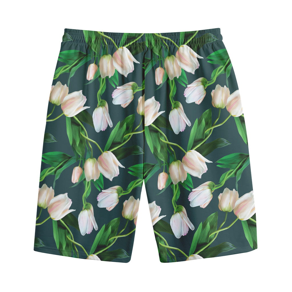 White Tulip Pattern Print Cotton Shorts