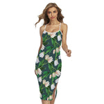 White Tulip Pattern Print Cross Back Cami Dress