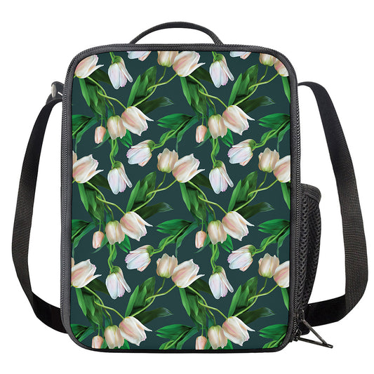 White Tulip Pattern Print Crossbody Lunch Bag