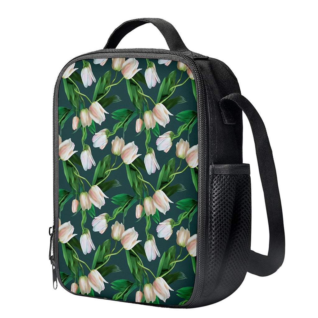 White Tulip Pattern Print Crossbody Lunch Bag