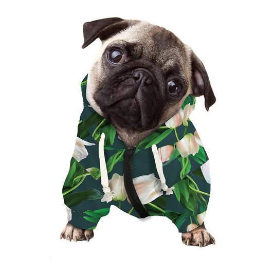 White Tulip Pattern Print Dog Zip Up Hoodie