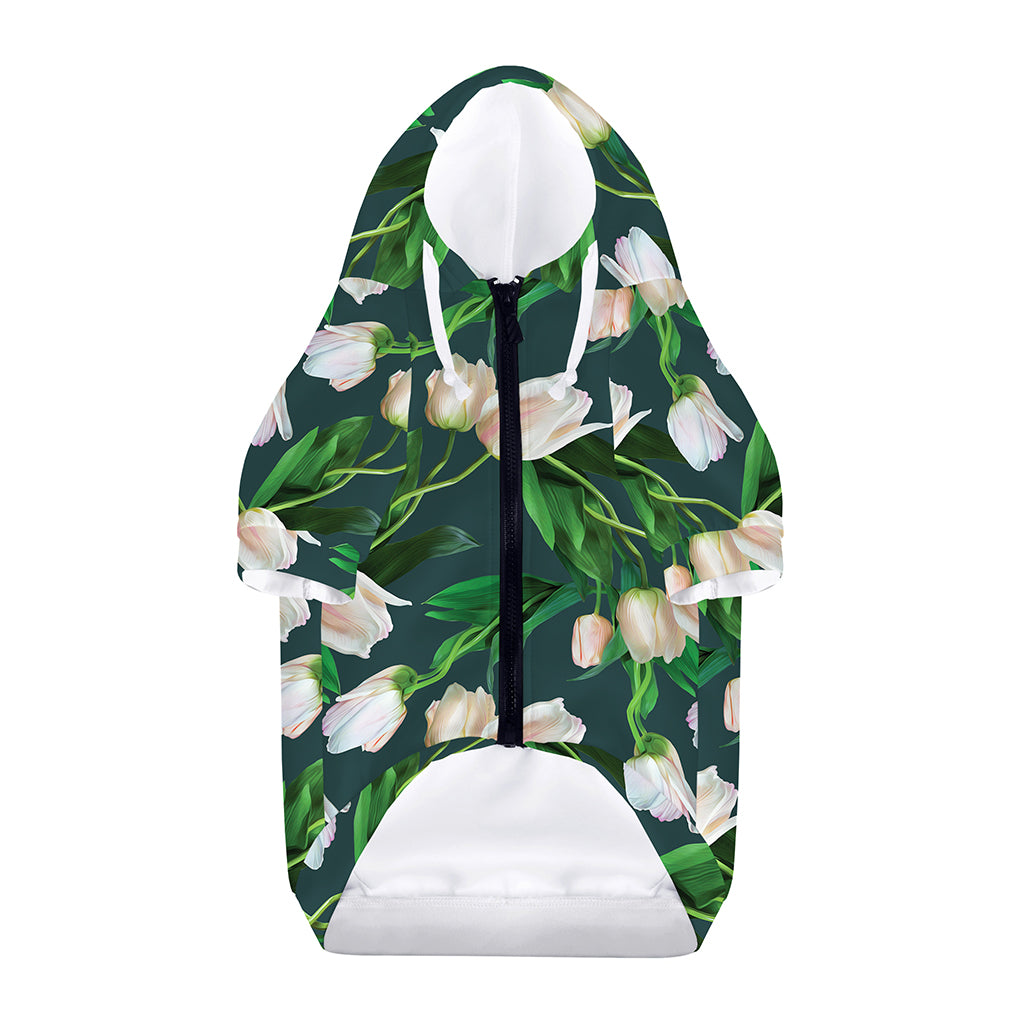White Tulip Pattern Print Dog Zip Up Hoodie