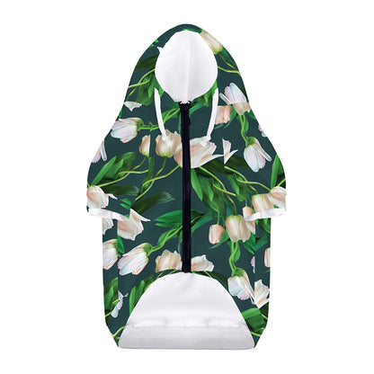 White Tulip Pattern Print Dog Zip Up Hoodie