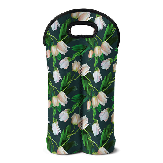 White Tulip Pattern Print Double Neoprene Wine Tote