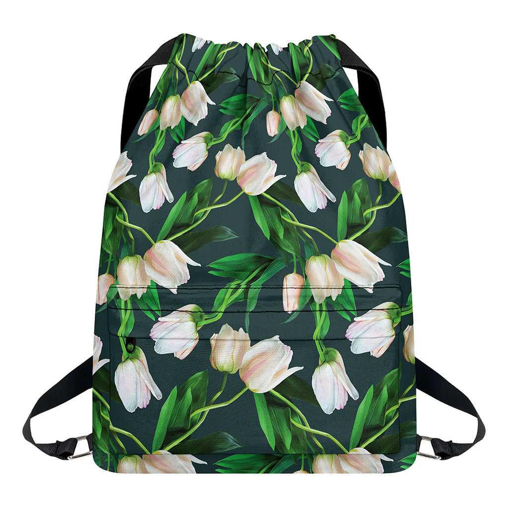 White Tulip Pattern Print Drawstring Backpack