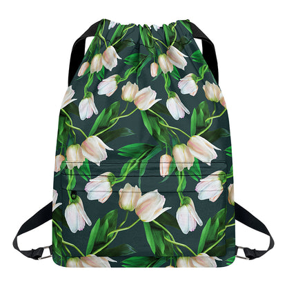 White Tulip Pattern Print Drawstring Backpack