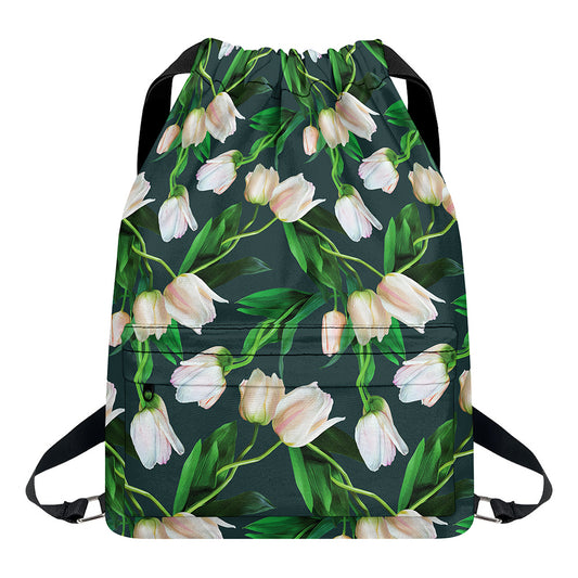 White Tulip Pattern Print Drawstring Backpack