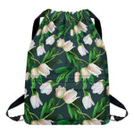 White Tulip Pattern Print Drawstring Backpack